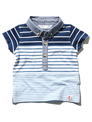 M&Co Baby Boy Short Sleeve Blue Stripe Print Chambray Collar Button Down Polo Shirt Blue 18/24 Mnth