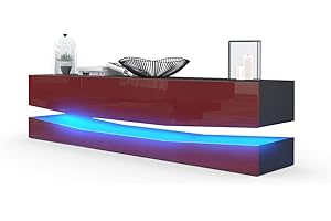 Vladon Mueble TV City, Cómoda TV con Elemento Inferior, 1 Compartimento Abierto y 3 Cajones, Negro Mate/Burdeos de Alto Brillo, incluida iluminación LED (178 x variable x 39 cm)