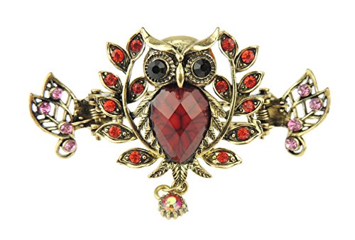 Beautiful Ladies Vintage Gold Tone Chunky Metal 7cm Hair Claw Owl Red