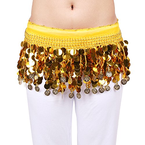 Veni Masee  Pañuelo profesional para danza del vientre, para cadera, cinturón, 3 filas de monedas de color dorado, mujer unisex, amarillo, talla única