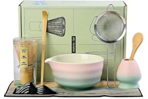 MOXIEWELL 7 Pièces Matcha Kit, Ensemble de Thé Matcha Japonais avec Fouet à Matcha en Bambou Porte-fouet Bol à Matcha Cuillère à Matcha, Cuillère Thé, Torchon, Tapis à Matcha, Set Matcha Complet (B)