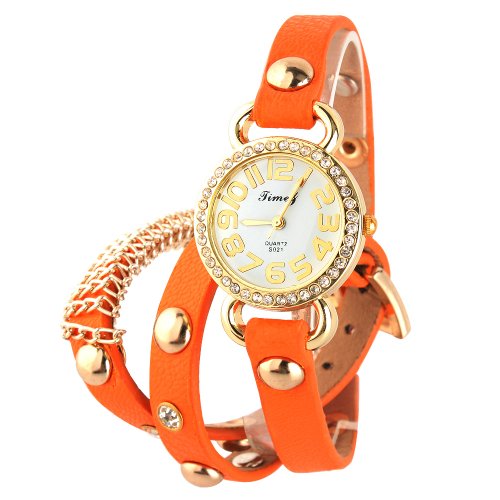 Orrorr Einzigartige Langband Band Kristall Leder Damenquarz Retro-Uhr Orange Orrorr Einzigartige Langband Band Kristall Leder Damenquarz Retro-Uhr Orange