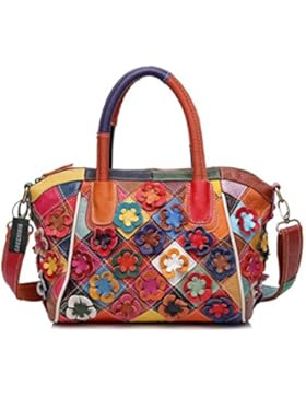 Greeniris Damen Handtaschen Leder Vintage Bunt Plaid Umhängetasche Hobo Blumen Schultertasche Totes für Damen