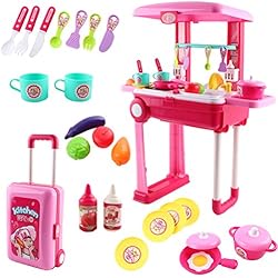 deAO Cuisine Petit Chef Set dans Valise Convertible Playset Portable Kit de Jeux avec Lumières, Sons et Accessoires Inclus (Rose)