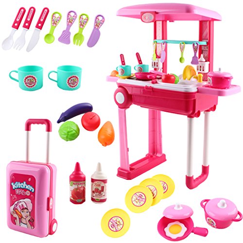 deAO Cuisine Petit Chef Set dans Valise Convertible Playset Portable Kit de Jeux avec Lumières, Sons et Accessoires Inclus (Rose)