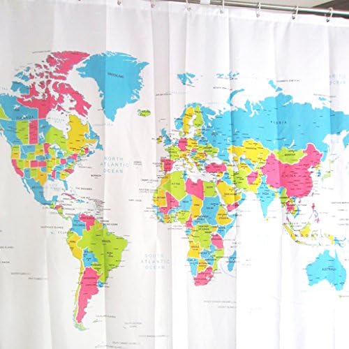 iSINOTEX Waterproof Shower Curtain Novelty World Map Printed Bathroom Curtain 71x71inch 180x180cm