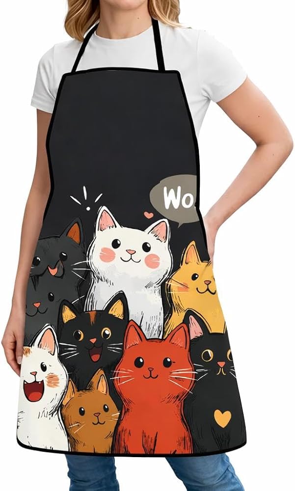 Valkyrie Kedi Desenli Mutfak Önlüğü Cepli Ayarlanabilir Askılı Unisex Mutfak Temizlik Önlüğü Siyah