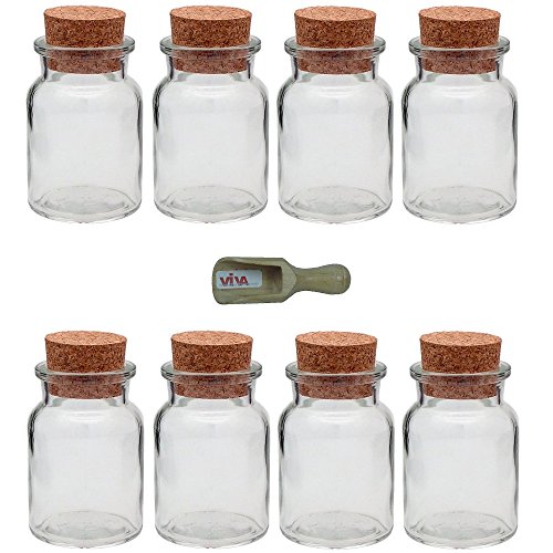 Viva Haushaltswaren - 8 x Gewürzglas 150 ml, Glasdose mit Korkverschluss als Gewürzdose & Vorratsdose für Gewürze, Salz etc. verwendbar (inkl. kleiner Holzschaufel 7,5 cm)