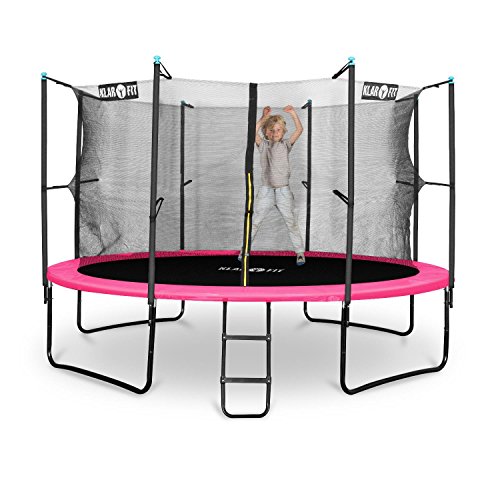 Klarfit Rocket Gartentrampoline Outdoortrampoline (Ø 250 – 430 cm, Sicherheitsnetz, Einstiegsleiter, gepolsterte Stangen, bis max. 150 kg belastbar) blau, pink oder grün - 2