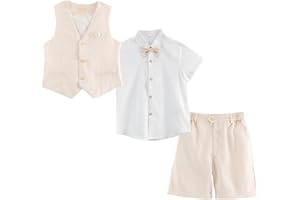 LOLANTA 4PCS Page Boy Outfit, Boys Wedding Suit, Kids Gentleman Waistcoat Shorts Suit Set, Linen Summer Waistcoat Set, Christening Ceremony Prom Birthday Partywear, Waistcoat+Shorts+Shirt+Bowtie