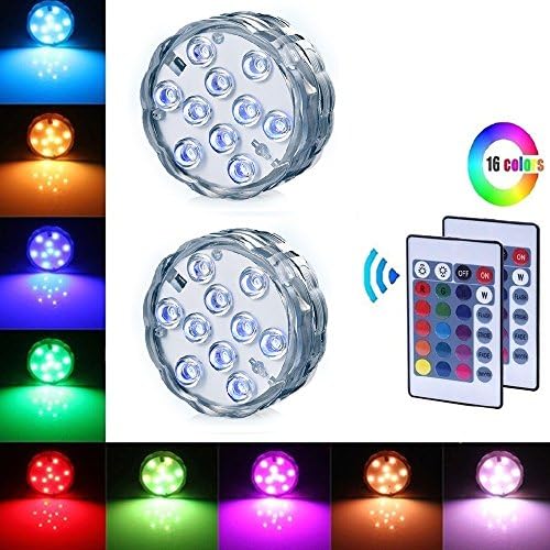 Submersible LED Lights, 10 RGB LEDs, 16 Colors Changing Waterproof Underwater Lights, Battery Powered with IR Remote Controller for Aquarium, Vase Base, Fountain Pool, Hot Tub, Fish Tank,2 Pack