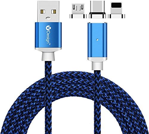 ACALI® 3 Packs 3M 3 in 1 Micro USB/IOS/Type C Magnetic Plug LED Display USB Braided Charging Data Cable (Blue)