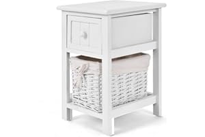 LIFEZEAL Mesita de Noche, 28 x 31 x 45 cm, mesilla de Noche de Madera con cajón y Cesta extraíble, mesita de sofá en Estilo idílico, Mesa Cuadrada pequeña para Dormitorio (Blanco)