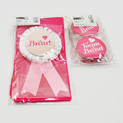 JGA Gruppenset Button pink Frau Wundervoll – Team Braut -Inhalt für 1 Braut und 6 Freundinnen- Junggesellinnenabschied / Hen Party / Anstecker / Brautschärpe - 9