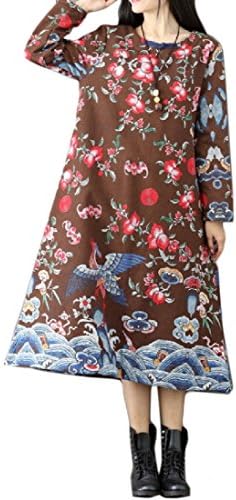 Aprilley Women's Crew-Neck Plus Velvet Chinese style Winter Max Dress -  Brown - 