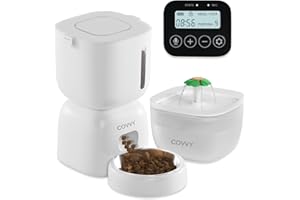 COVVY Automatyczny Podajnik dla Zwierząt Domowych i Zestaw Wody, Dozownik Karmy z Ekranem LCD, Timer Karmnik dla Kotów i Psów, Kontrola Porcji 1-4 Posiłków