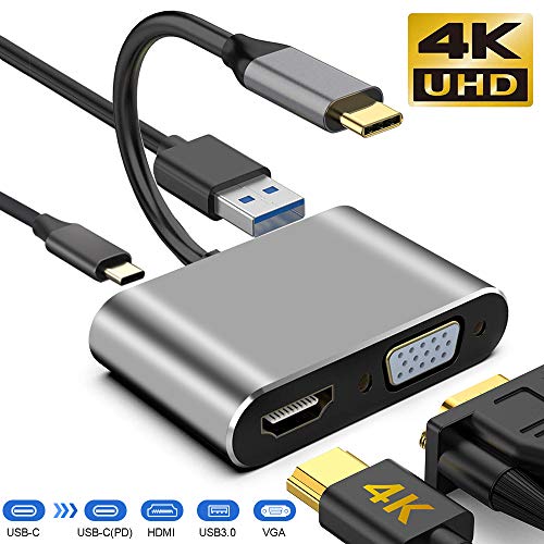 neefeaer Adaptador USB C a HDMI VGA 4k, USB C Hub con 4K HDMI, 1080P VGA, USB 3.0, Carga USB C PD, Compatible con MacBook Pro/Air/iPad Pro 2018 / DELL XPS/Nintendo Switch/Samsung más
