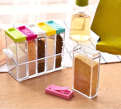 Gewürzdosen Set mit 6 Teilen aus Kunststoff mit dem Aufbewahrungsregal Accessoires für Küche, Farben Zufalls Spice Jar Set Speisewürze Essig Flasche (Transparent) - 5