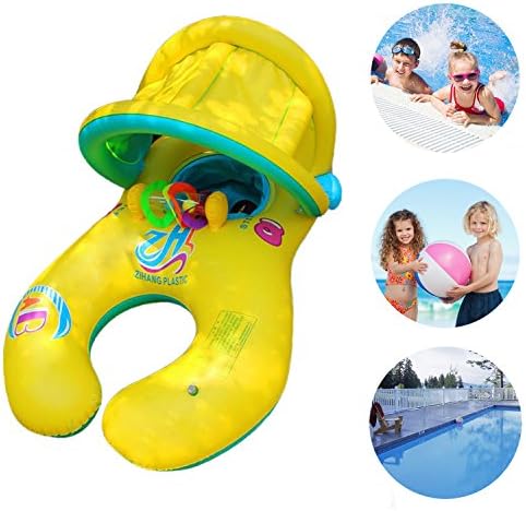 ONBET Baby Swimming Pool Floats Swim Ring Inflatable Floats Pool Toys with Sun Canopy for Mother and Child (Yellow)