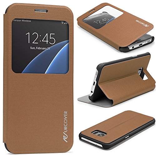 Urcover® Funda Compatible con Samsung Galaxy S7 Edge S-View Carcasa con Tapa Libro Wallet Case Delgada protección Pantalla con Ventana Flip Cover - Marrón