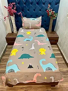 Furnistitchs Cotton Feel Dinosaur Cartoon Printed Kids Single Bedsheet with Pillow Cover (Brown, 60