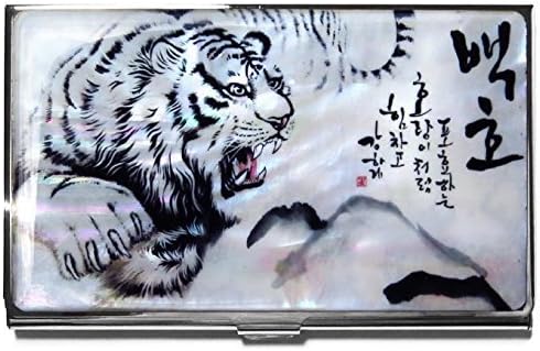 White Tiger Business Credit Card Case ID Holder Mother of Pearl Metal Travel Wallet