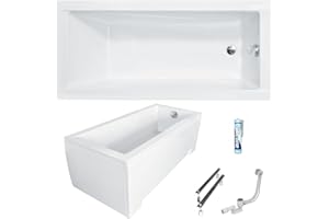 ECOLAM Badewanne Modern 160x70 cm Schürze | Acrylwanne Rechteck | Wanne Design | Komplett-Set Ablaufgarnitur Ab- und Überlauf Automatik Füße + Silikon Acryl weiß
