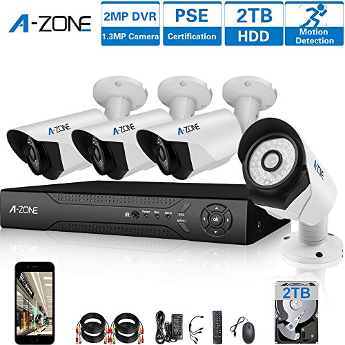 Preisvergleich Produktbild A-ZONE AHD Videoüberwachungssystem Überwachungskamera Set mit Bewegungsmelder Aufzeichnung 4 Kanals DVR Rekorder 4 X 1.3MP 960P Überwachungskamera Videoüberwachung außen Nachtsicht, mit Festplatte 2TB
