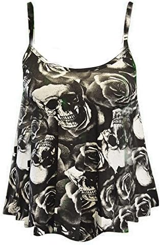 F4U® NEW LADIES WOMENS PLUS SIZE PRINTED SLEEVELESS SWING VEST STRAPPY FLARED CAMI TOPS DRESSES 8-26 (M/L (UK 12-14), Skull)