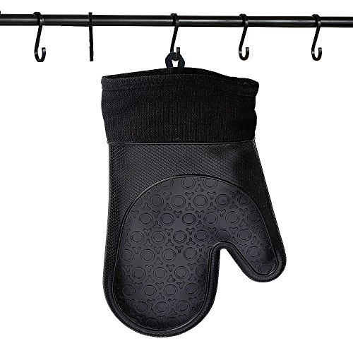 Jonhen Ofenhandschuhe Silikon Hitzebeständige, Topfhandschuhe Topflappen zum Küche,Backen,Kochen,Barbecue,Grillen,1 Paar,Schwarz,Gratis Bürste & Topf Halter - 4