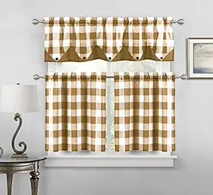 HOME MAISON - Kingdy Checkered Kitchen Window Curtain Tier Valance Set, 2 28 X 24 | 1 56 X 14, Taupe