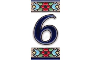 TORO DEL ORO Números para casas. Números y Letras en cerámica esmaltada, Pintados a Mano con la técnica de la cuerda seca. Nombres y direcciones. Mini Flor Azul 3,5 cms x 7,5 cms (Número seis "6")