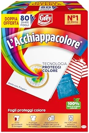 Grey L'Acchiappacolore Fogli Cattura Colore Lavatrice Evita Incidenti Lavaggio, Foglietti Acchiappacolore e Anti Sporco, Confezione da 80 fogli, 40 x 2