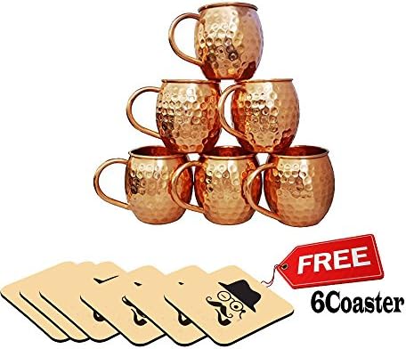 Rudra Handicraft ® Handmade Pure Copper Hammered Moscow Mule Mug,Set of 6 Mugs - Capacity 16.90 oz / 500 ML ( Free 6 Wooden Coaster Printed )