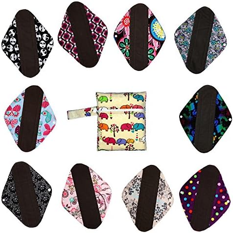 10 Pieces 12" Charcoal Bamboo Reusable Cloth Mama Menstrual Pad Heavy+1 Wet Bag