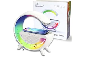 UK TECHNOLOGY LTD UK Technology G Lamp with Wireless Charger, RGB Color Changing Ambient Light, Dimmable Night Light, Bluetooth Speaker, Smart Mood Light for Bedroom with Cable + USB A Plug, White