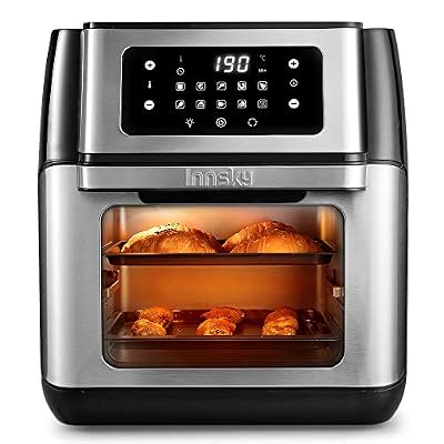 Innsky Friteuse sans huile 10L, Mini-four 1500W, Friteuse à air chaud 10 en 1 avec affichage LED, un déshydrateur de fruits, mais aussi un grill, 6 accessoires et livre de recettes-acier inoxydable