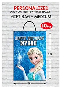 WoW Party Studio Personalized Frozen Elsa Theme Happy Birthday Decorations Return Gift Bag with Birthday Boy/Girl Name - 10 Pcs