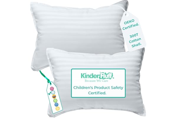 kinder Fluff 2 x småbarnskuddar (33 x 46 cm) – den enda babykudden 300T bomullsskal och dun alternativ fyllning. Allergivänlig, maskintvättbar och djurgrymhetsfri. Barnkudde och resekudde