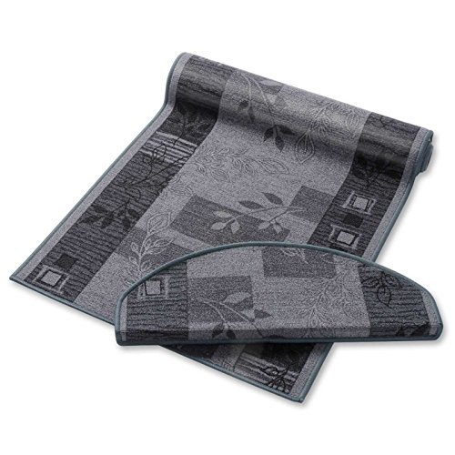 Teppich Läufer grau mit Pflanzenmusterung | Qualitätsprodukt aus Deutschland | GUT Siegel | kombinierbar mit Stufenmatten | 3 Breiten und 27 Längen (80 x 175cm)