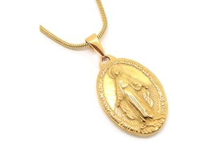 BOBIJOO JEWELRY - Medalla Colgante De La Virgen María Milagrosa De Acero Dorado Acabado De Oro De La Comunión + Cadena