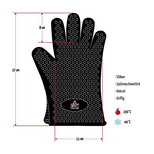 TheCook Silikon- Grillhandschuhe schwarz TheProtector, schützen die ganze Hand, bis +230 °C, 1 Paar Ofenhandschuhe, Silikon-Backpinsel und Metallhaken gratis, in eleganter Geschenkbox - 5