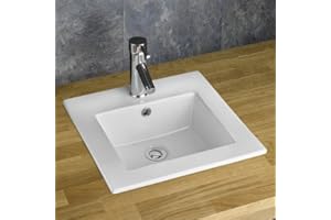 Clickbasin Square Self Rimming White Bathroom Sink 420mm Berne Easy Install Sit in Counter Top Basin with Overflow