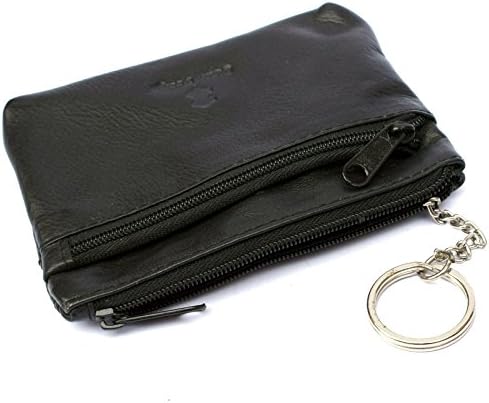 Unisex Genuine Leather Key Case, Mini Coin Purse Holder with Double Zip, 1 Keyring &amp; Button on the back (Black)