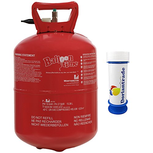 Helium Ballongas 0,25 m³ für ca. 30 Luftballons Ø 23 cm Einweg Gas Folienballon Ballon + Gratis Doriantrade Seifenblasen