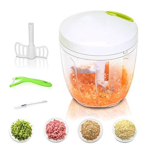 1Anberi Cortador de Verduras Picadora de Carne Manual 5 Cuchillas de Acero Inoxidable 900 ml Picadora de Alimentos con Cuerda Hand Held Mini Cortador verduras Ensalada Ajo Cebolla Fruta