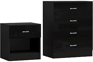 AFN High Gloss 4 Drawer Chest & 1 Drawer Bedside Combo Bedroom Furniture Set Black