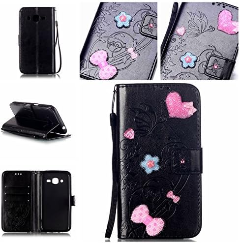 Samsung Galaxy J7 (2015） PU Leather Case with Hand Strap, Fashionable Design with Kickstand Cases Covers Shells for Samsung Galaxy J7 (2015） Black (5.5 inch)