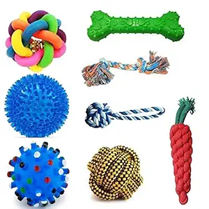PSK PET MART Dog Chew Toys Combo of 8pcs Toys - Rainbow Ball, Paw Bone, 2 Knot Rope, Puppy Ball, Rope Ball, Ball with Handle, Basket Ball & Rope Carrot Toys Dog Toys & Puppy Toys (Color May Vary)
