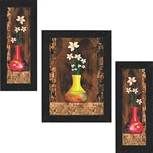 SAF Set of 3 Flower Floral Pot UV Coated Home Decorative Gift Item Framed Painting 13.5 inch X 22 inch SANFSW4951